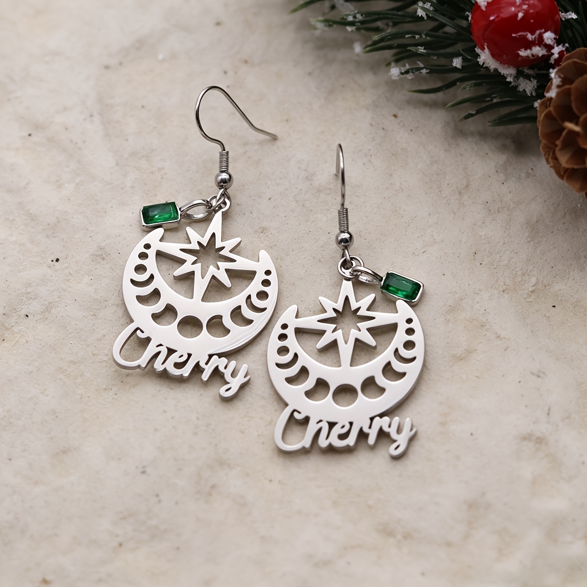 Personalized Moon Star Earrings with Custom Name and Green Zirconia